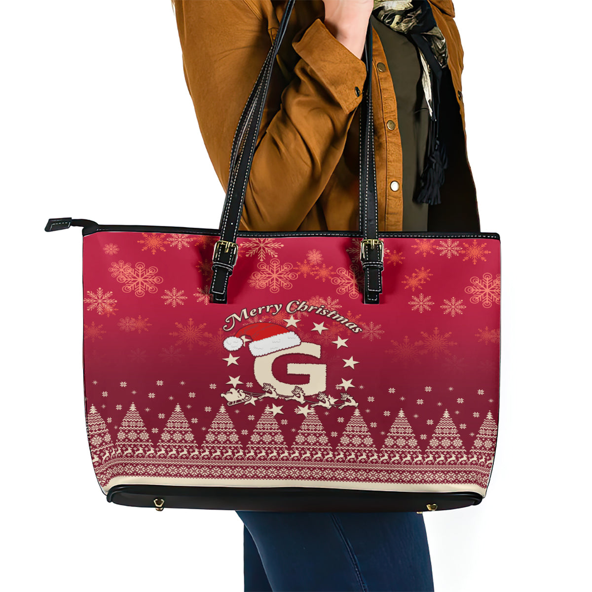 Georgia Christmas Leather Tote Bag Santa Riding Reindeer Xmas Pattern - Wonder Print Shop