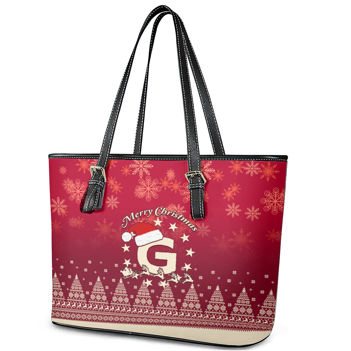 Georgia Christmas Leather Tote Bag Santa Riding Reindeer Xmas Pattern - Wonder Print Shop