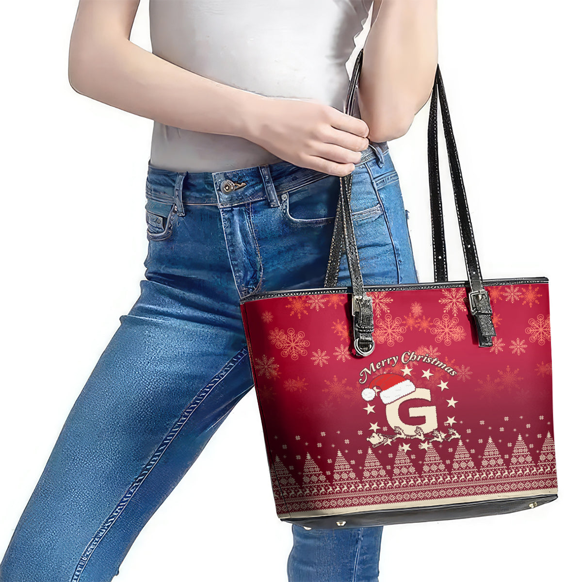 Georgia Christmas Leather Tote Bag Santa Riding Reindeer Xmas Pattern - Wonder Print Shop