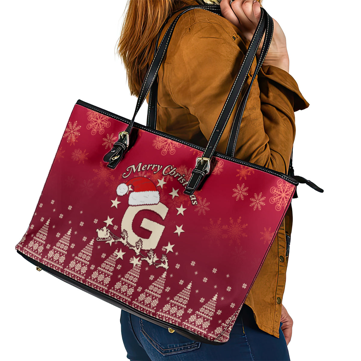 Georgia Christmas Leather Tote Bag Santa Riding Reindeer Xmas Pattern - Wonder Print Shop
