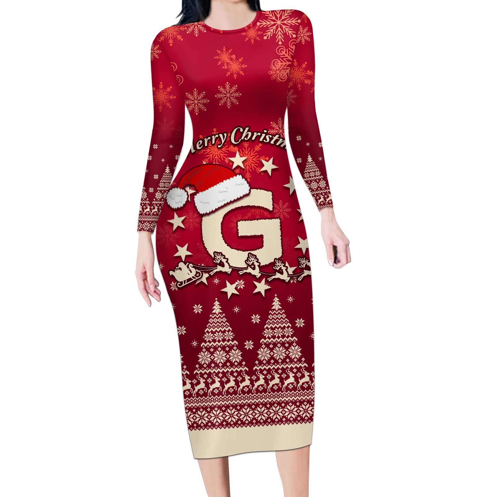 Georgia Christmas Long Sleeve Bodycon Dress Santa Riding Reindeer Xmas Pattern - Wonder Print Shop