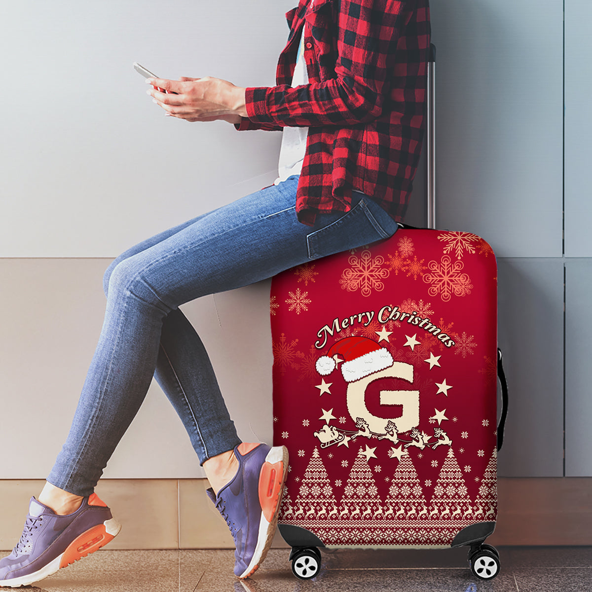 Georgia Christmas Luggage Cover Santa Riding Reindeer Xmas Pattern - Wonder Print Shop