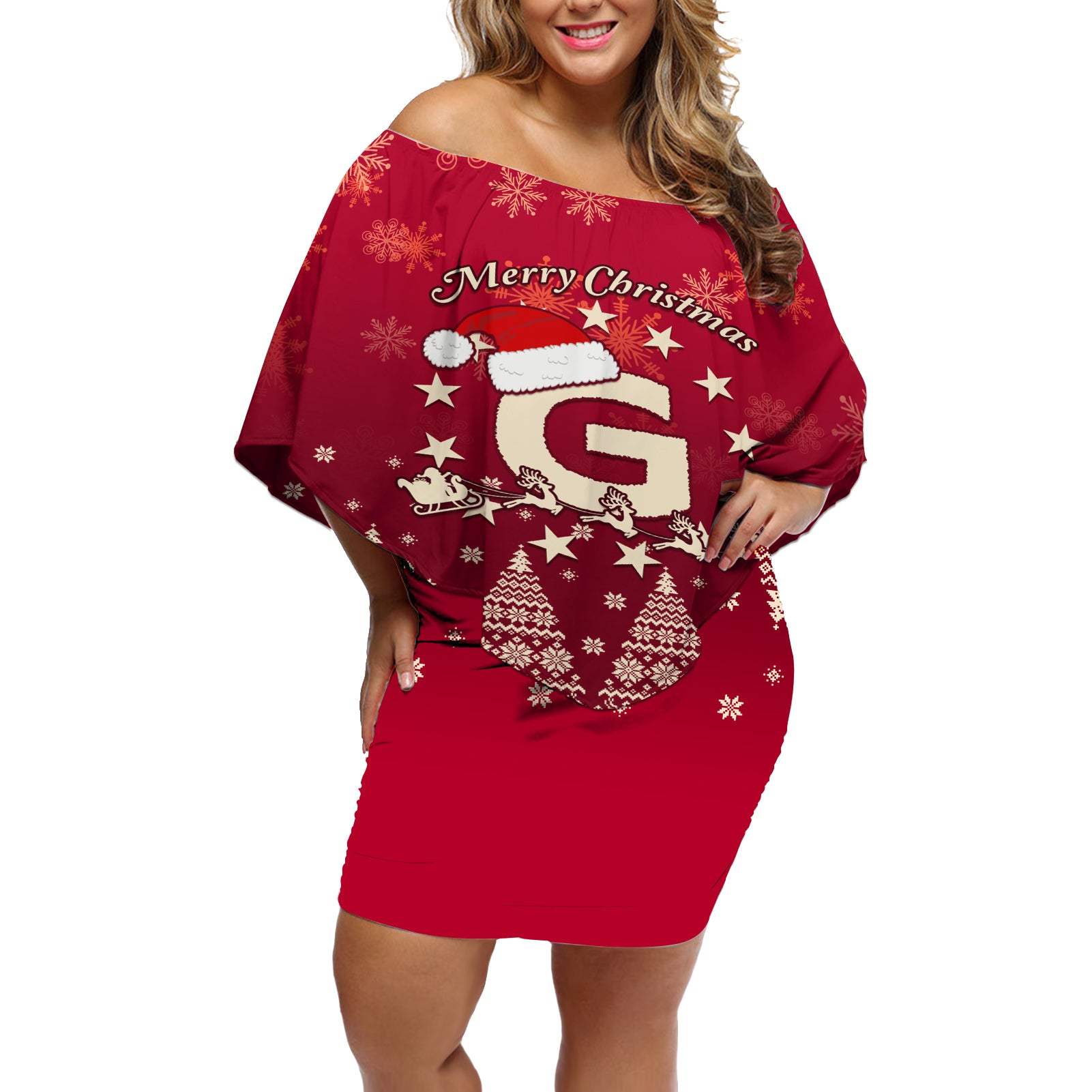 Georgia Christmas Off Shoulder Short Dress Santa Riding Reindeer Xmas Pattern - Wonder Print Shop