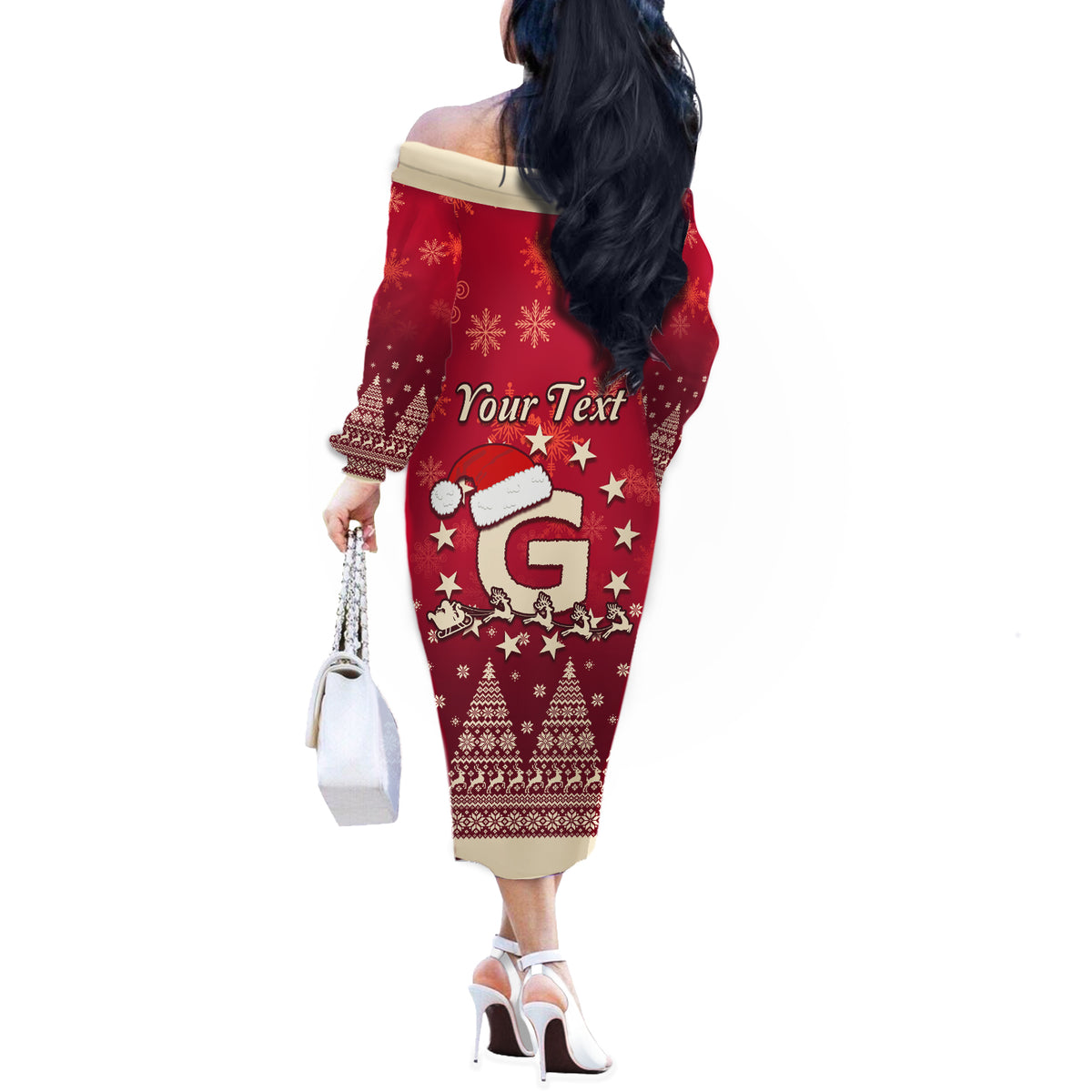 Georgia Christmas Off The Shoulder Long Sleeve Dress Santa Riding Reindeer Xmas Pattern - Wonder Print Shop