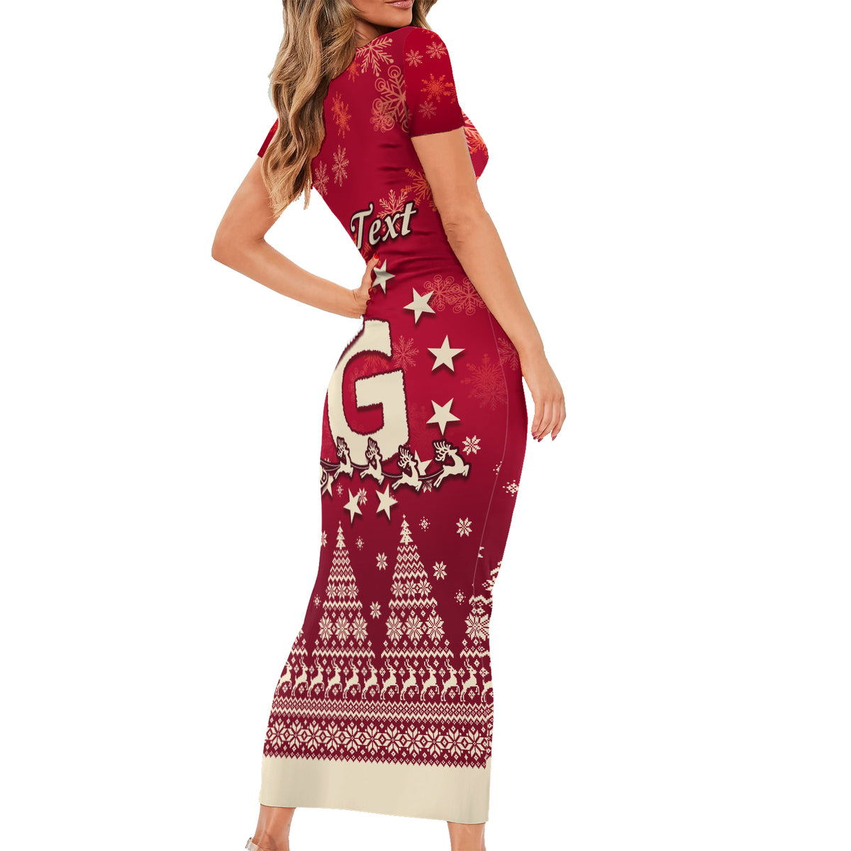 Georgia Christmas Short Sleeve Bodycon Dress Santa Riding Reindeer Xmas Pattern - Wonder Print Shop