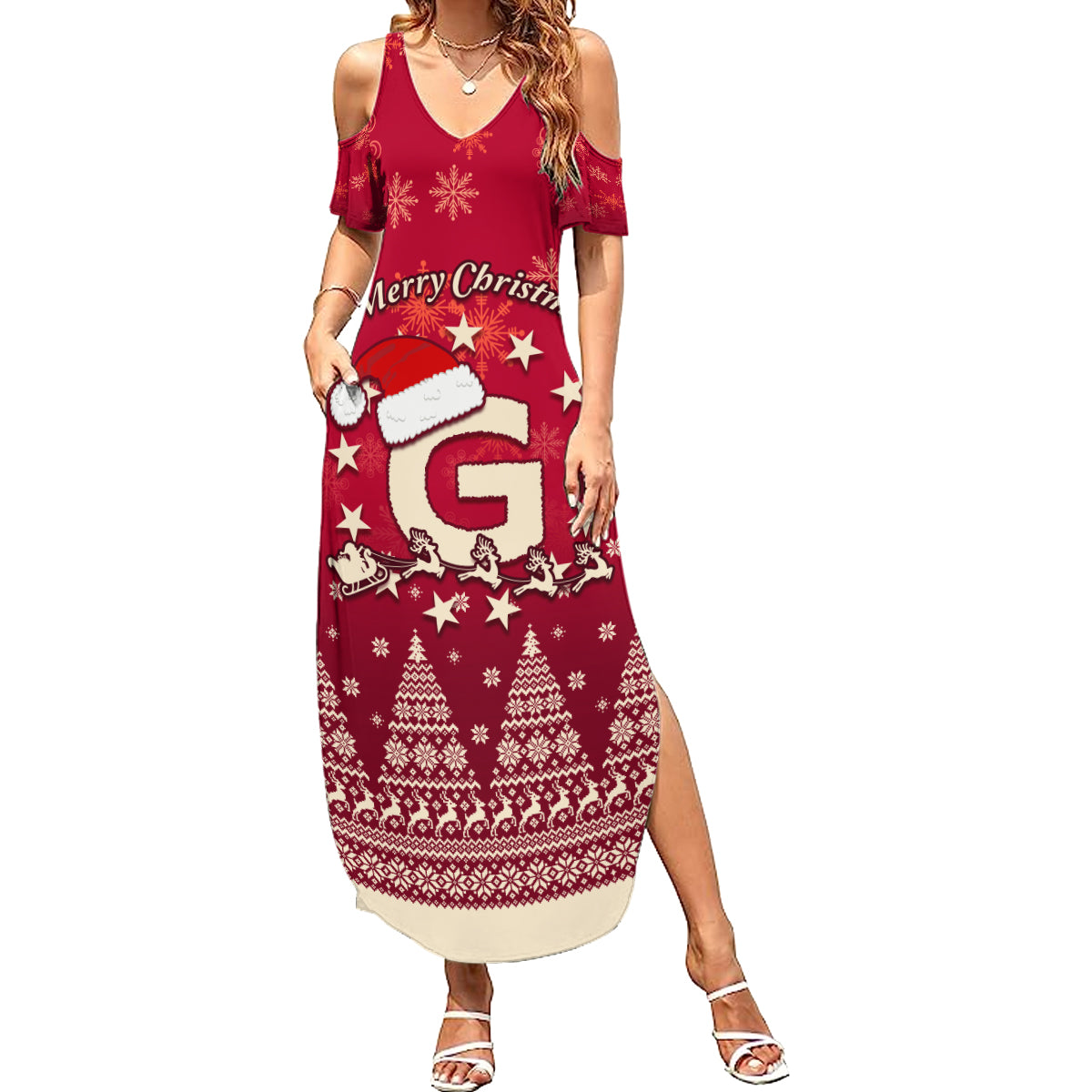 Georgia Christmas Summer Maxi Dress Santa Riding Reindeer Xmas Pattern - Wonder Print Shop