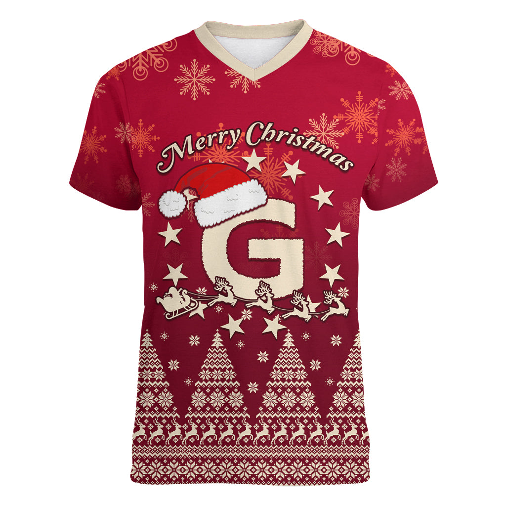 Georgia Christmas Women V Neck T Shirt Santa Riding Reindeer Xmas Pattern - Wonder Print Shop
