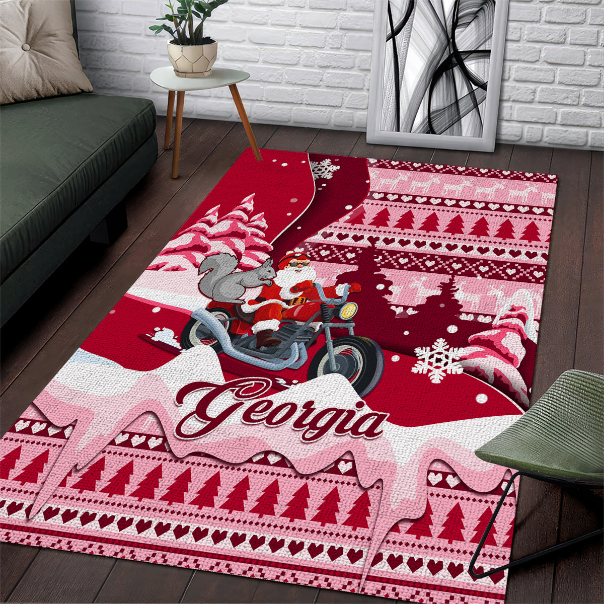 Georgia Christmas Area Rug Santa Claus Riding Motorcycle With Gray Squirrel - Wonder Print Shop