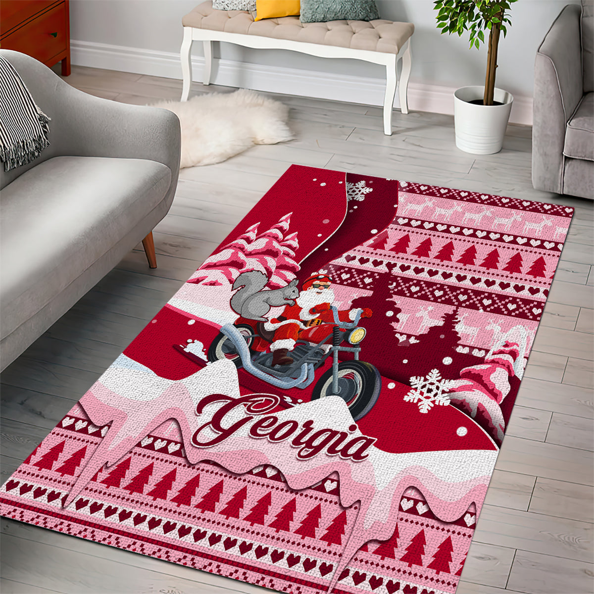 Georgia Christmas Area Rug Santa Claus Riding Motorcycle With Gray Squirrel - Wonder Print Shop