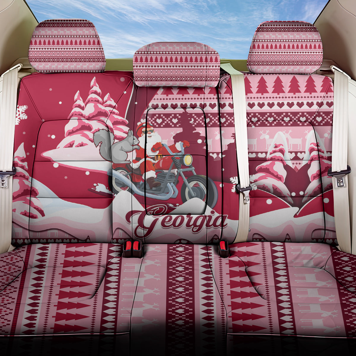 Georgia Christmas Back Car Seat Cover Santa Claus Riding Motorcycle With Gray Squirrel - Wonder Print Shop