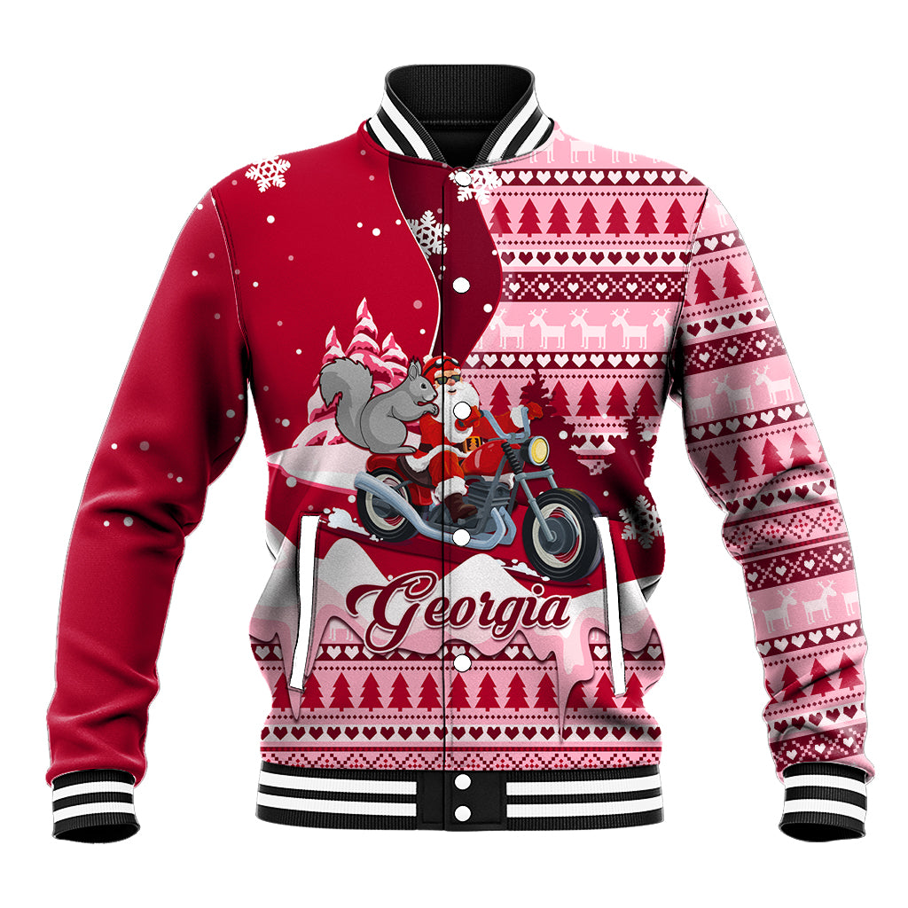 Georgia Christmas Baseball Jacket Santa Claus Riding Motorcycle With Gray Squirrel - Wonder Print Shop