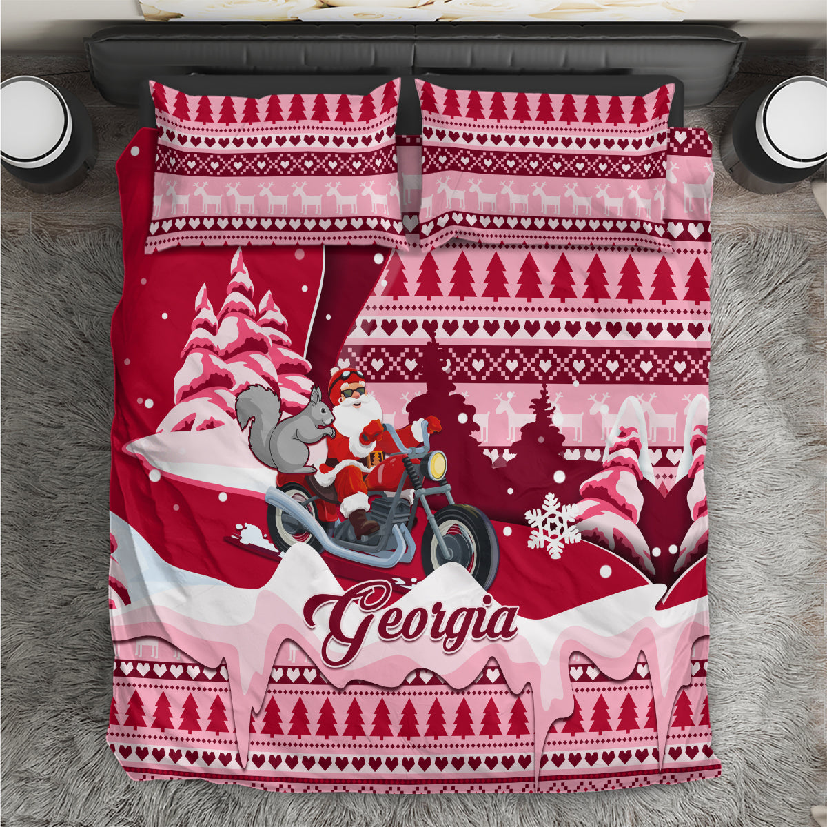 Georgia Christmas Bedding Set Santa Claus Riding Motorcycle With Gray Squirrel - Wonder Print Shop