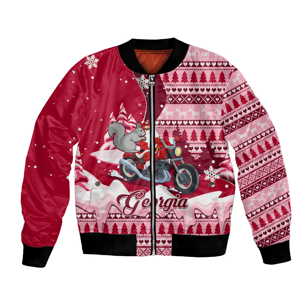 Georgia Christmas Bomber Jacket Santa Claus Riding Motorcycle With Gray Squirrel - Wonder Print Shop