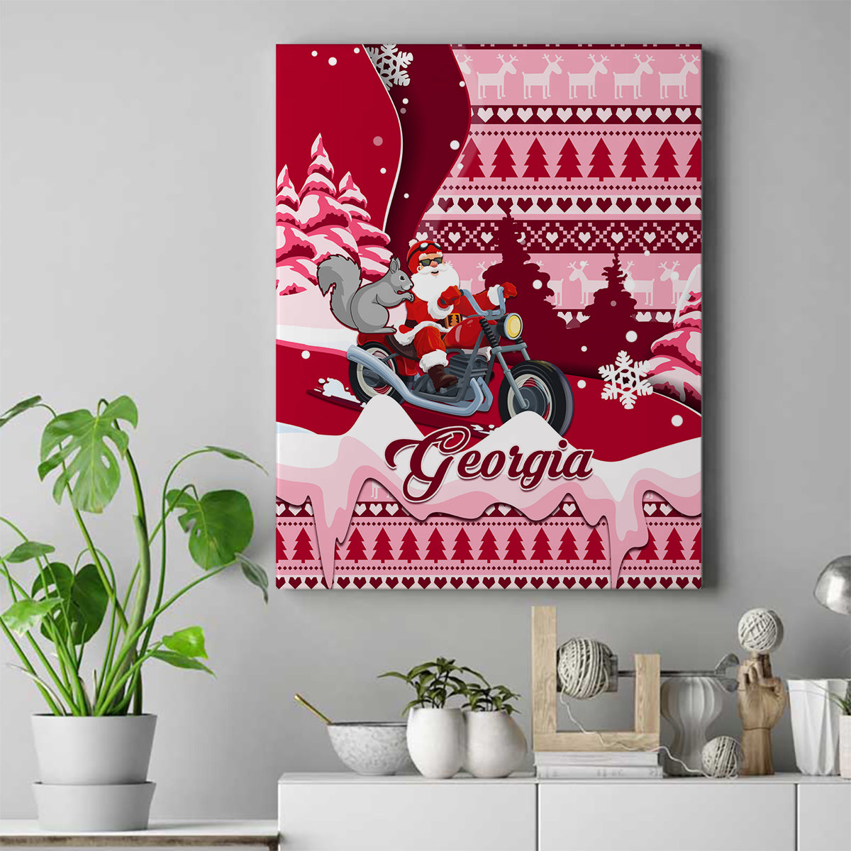 Georgia Christmas Canvas Wall Art Santa Claus Riding Motorcycle With Gray Squirrel - Wonder Print Shop