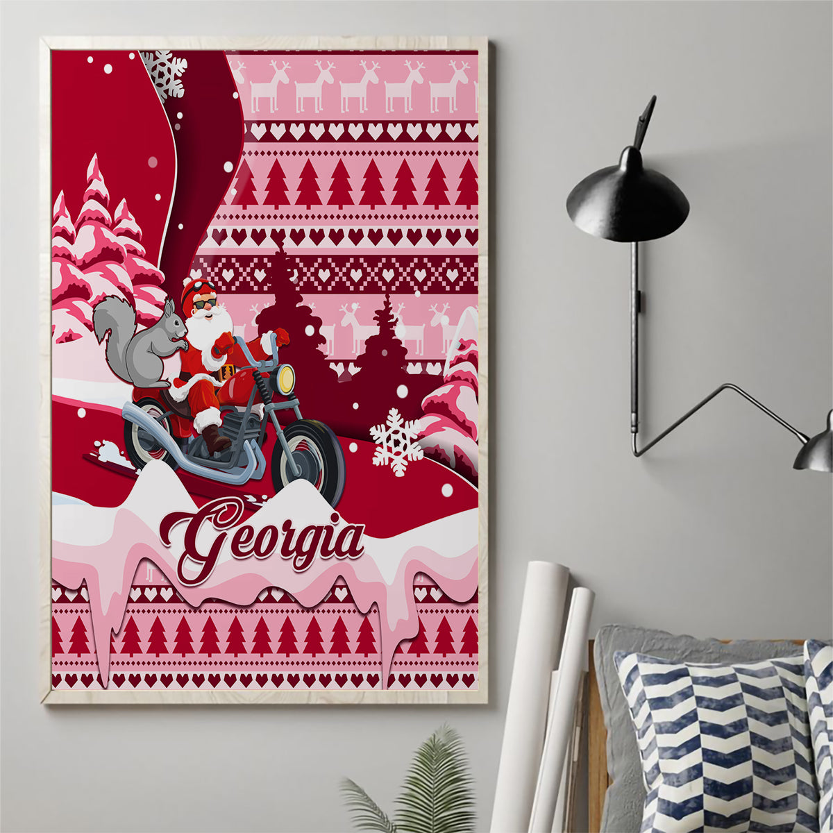 Georgia Christmas Canvas Wall Art Santa Claus Riding Motorcycle With Gray Squirrel - Wonder Print Shop
