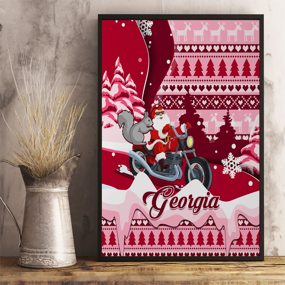 Georgia Christmas Canvas Wall Art Santa Claus Riding Motorcycle With Gray Squirrel - Wonder Print Shop