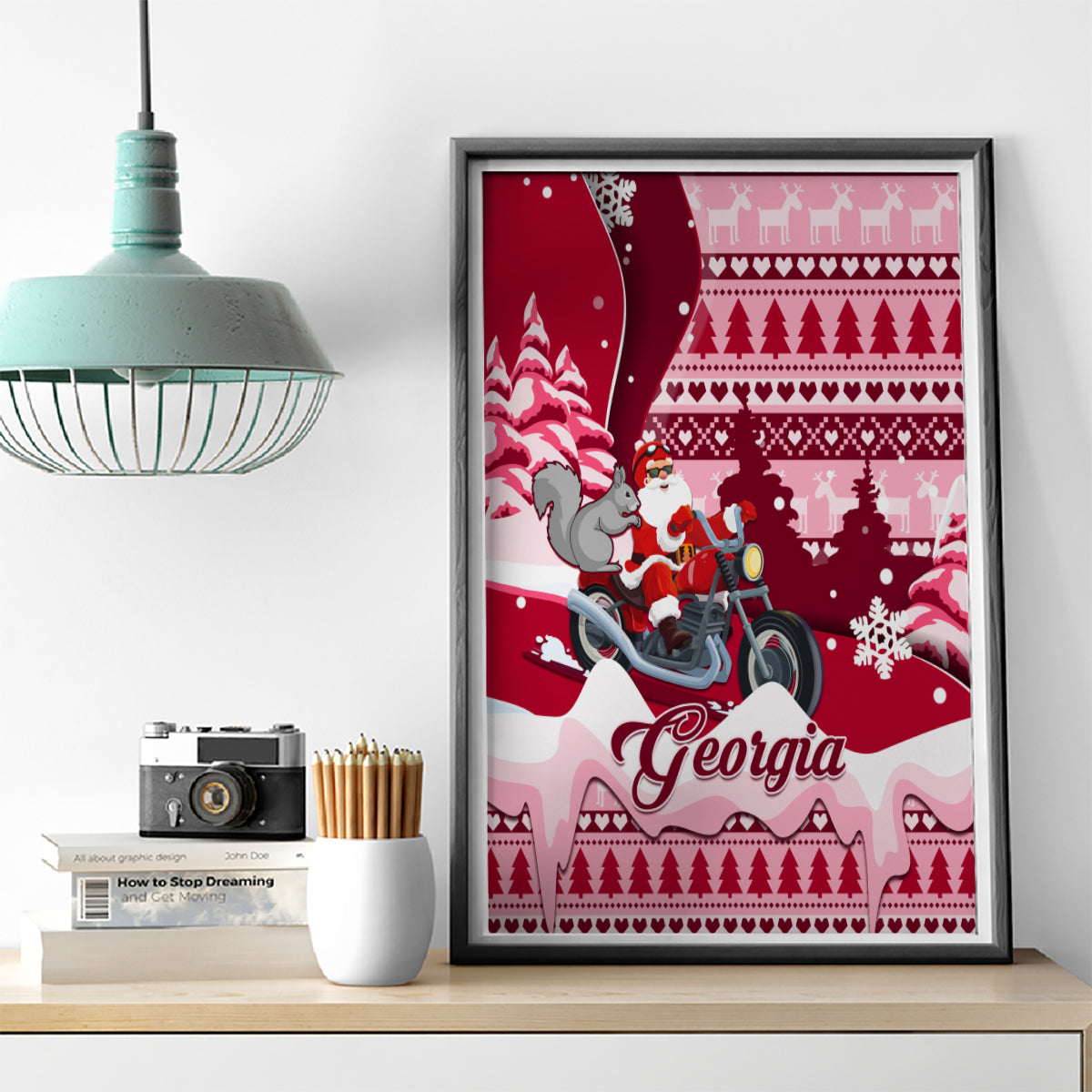 Georgia Christmas Canvas Wall Art Santa Claus Riding Motorcycle With Gray Squirrel - Wonder Print Shop