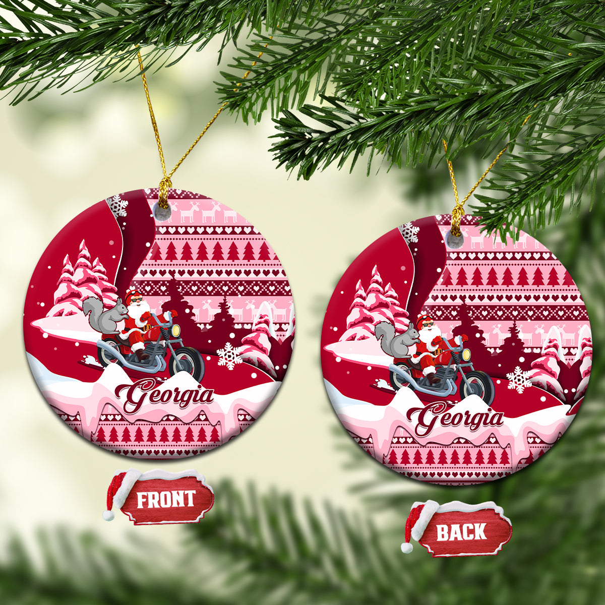 Georgia Christmas Ceramic Ornament Santa Claus Riding Motorcycle With Gray Squirrel - Wonder Print Shop