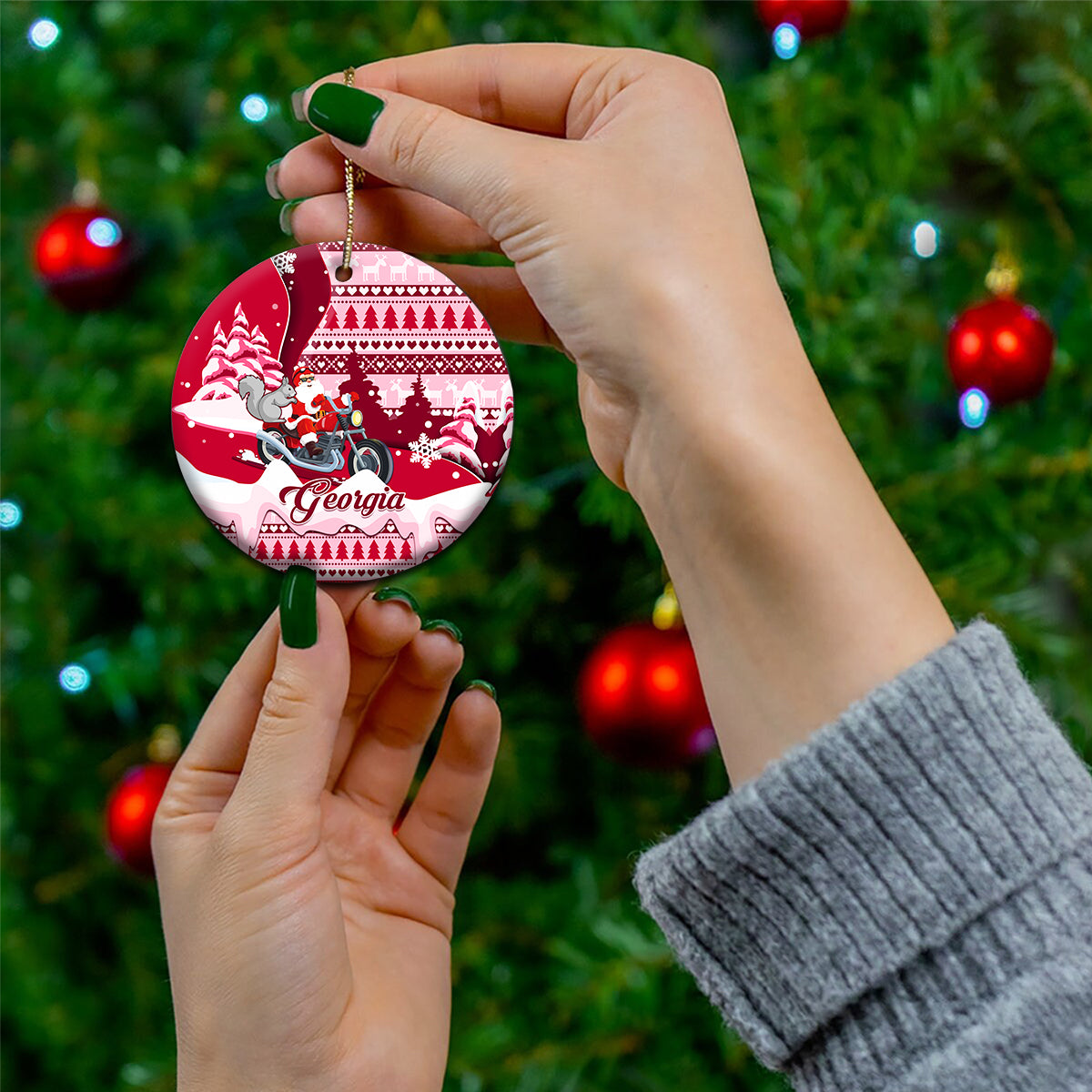 Georgia Christmas Ceramic Ornament Santa Claus Riding Motorcycle With Gray Squirrel - Wonder Print Shop