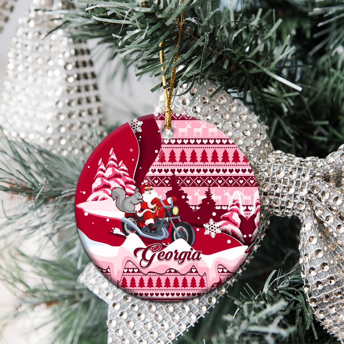 Georgia Christmas Ceramic Ornament Santa Claus Riding Motorcycle With Gray Squirrel - Wonder Print Shop