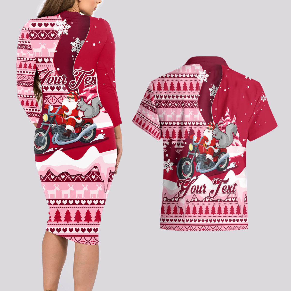 Georgia Christmas Couples Matching Long Sleeve Bodycon Dress and Hawaiian Shirt Santa Claus Riding Motorcycle With Gray Squirrel - Wonder Print Shop