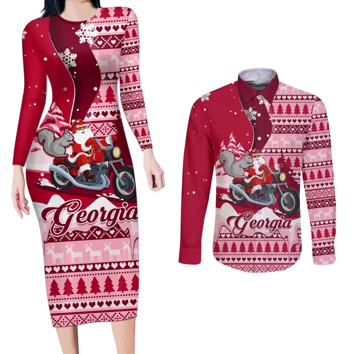 Georgia Christmas Couples Matching Long Sleeve Bodycon Dress and Long Sleeve Button Shirt Santa Claus Riding Motorcycle With Gray Squirrel - Wonder Print Shop