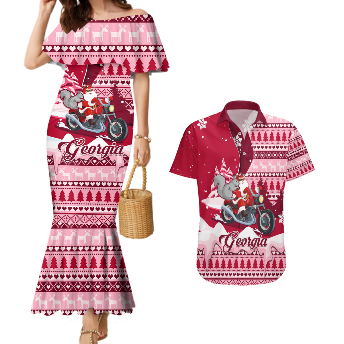 Georgia Christmas Couples Matching Mermaid Dress and Hawaiian Shirt Santa Claus Riding Motorcycle With Gray Squirrel - Wonder Print Shop