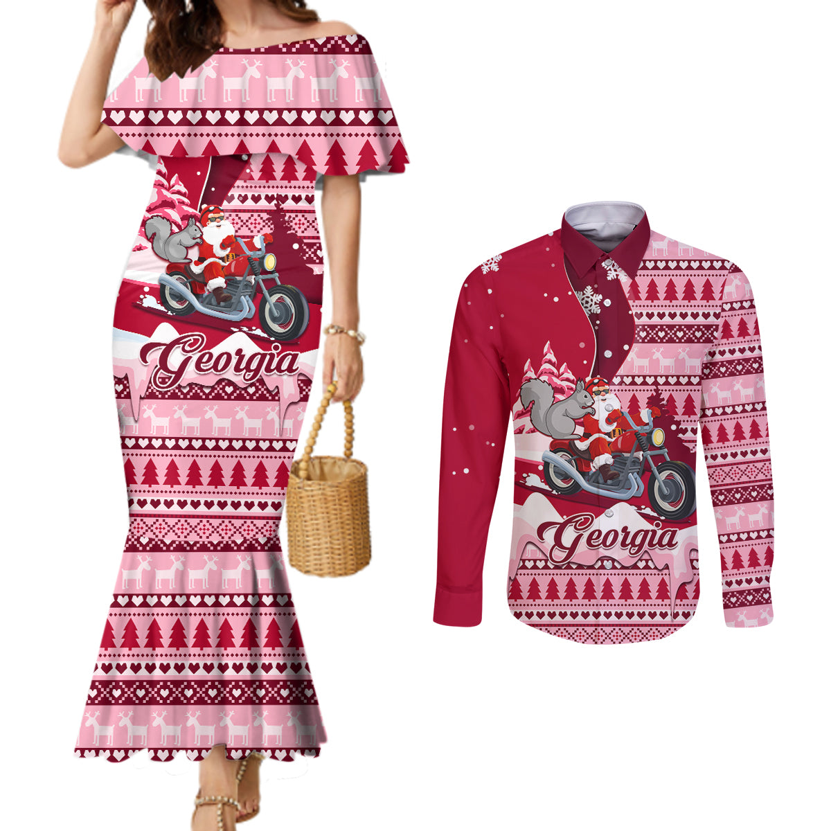 georgia-christmas-couples-matching-mermaid-dress-and-long-sleeve-button-shirt-santa-claus-riding-motorcycle-with-gray-squirrel