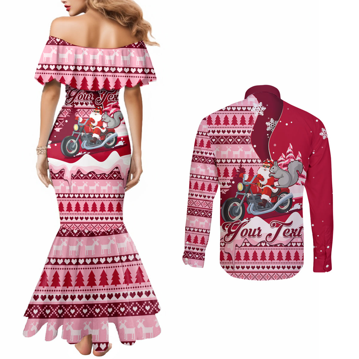 georgia-christmas-couples-matching-mermaid-dress-and-long-sleeve-button-shirt-santa-claus-riding-motorcycle-with-gray-squirrel