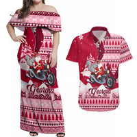 Georgia Christmas Couples Matching Off Shoulder Maxi Dress and Hawaiian Shirt Santa Claus Riding Motorcycle With Gray Squirrel - Wonder Print Shop