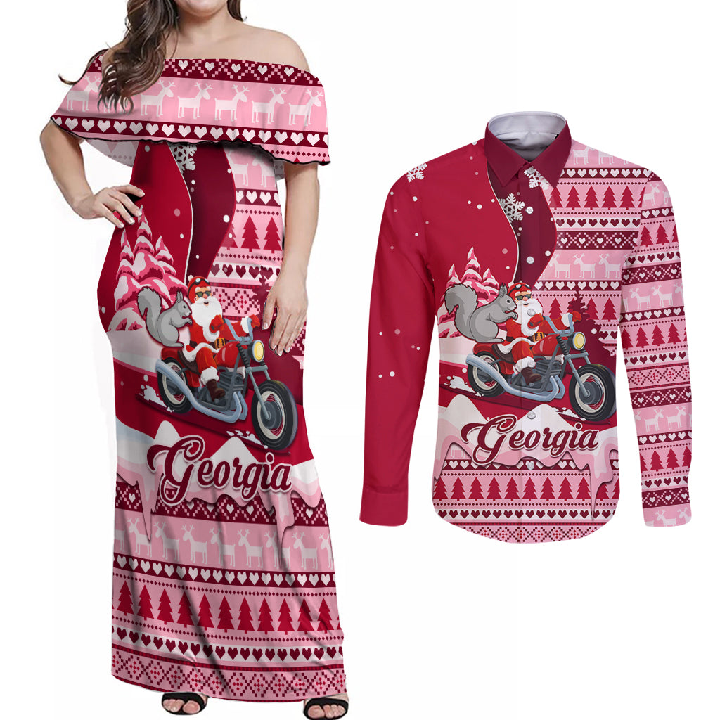 Georgia Christmas Couples Matching Off Shoulder Maxi Dress and Long Sleeve Button Shirt Santa Claus Riding Motorcycle With Gray Squirrel - Wonder Print Shop