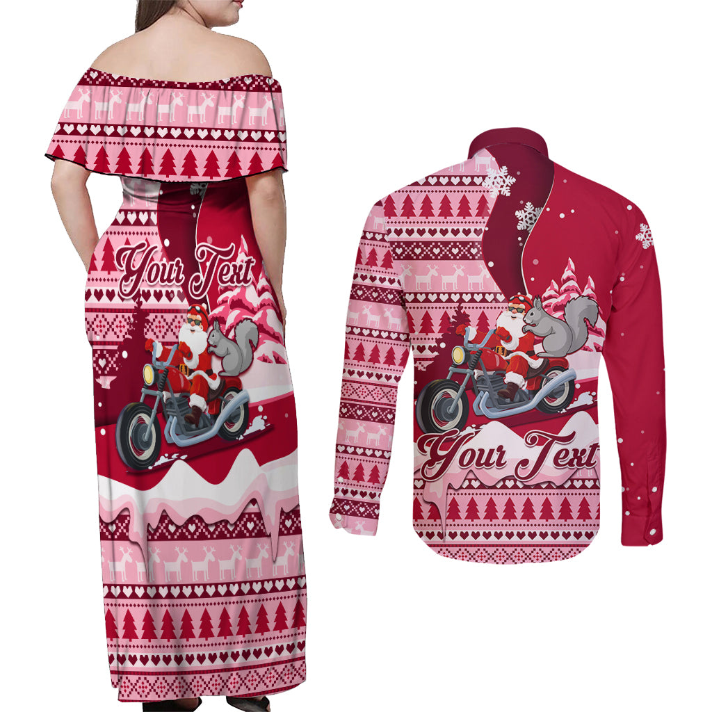 Georgia Christmas Couples Matching Off Shoulder Maxi Dress and Long Sleeve Button Shirt Santa Claus Riding Motorcycle With Gray Squirrel - Wonder Print Shop