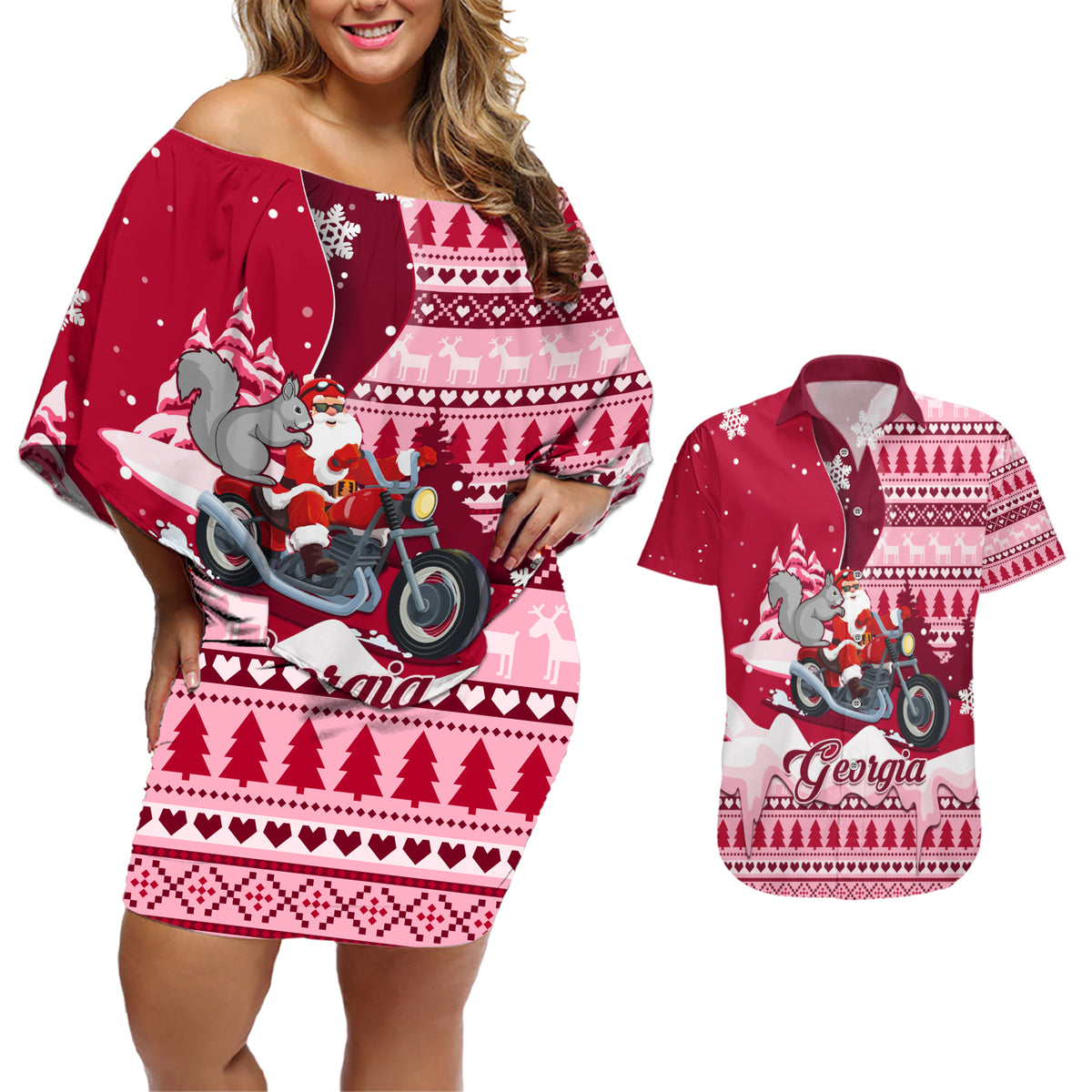 Georgia Christmas Couples Matching Off Shoulder Short Dress and Hawaiian Shirt Santa Claus Riding Motorcycle With Gray Squirrel - Wonder Print Shop