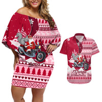 Georgia Christmas Couples Matching Off Shoulder Short Dress and Hawaiian Shirt Santa Claus Riding Motorcycle With Gray Squirrel - Wonder Print Shop