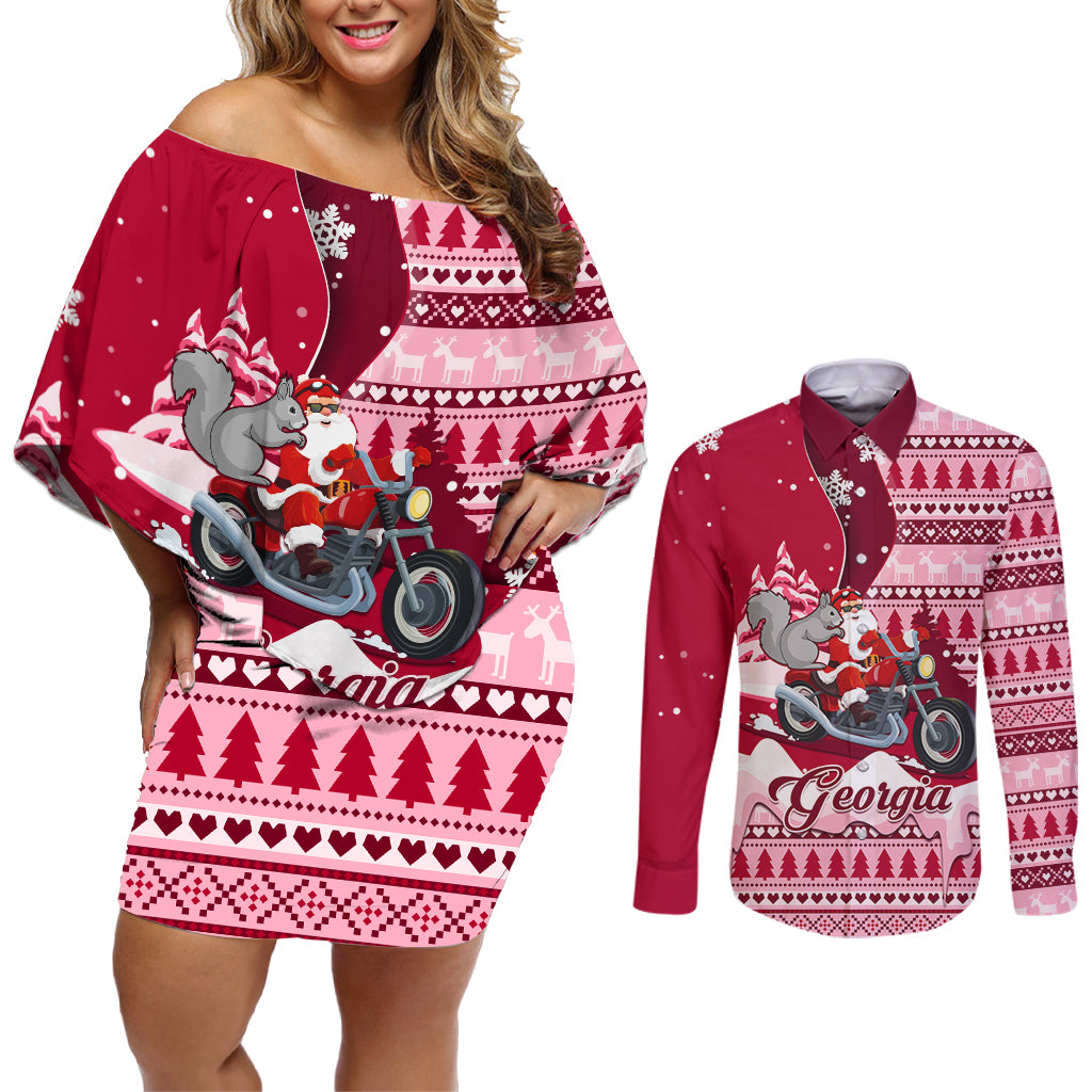 Georgia Christmas Couples Matching Off Shoulder Short Dress and Long Sleeve Button Shirt Santa Claus Riding Motorcycle With Gray Squirrel - Wonder Print Shop