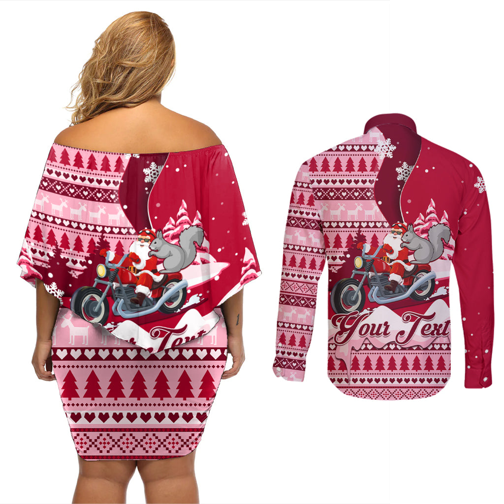 Georgia Christmas Couples Matching Off Shoulder Short Dress and Long Sleeve Button Shirt Santa Claus Riding Motorcycle With Gray Squirrel - Wonder Print Shop