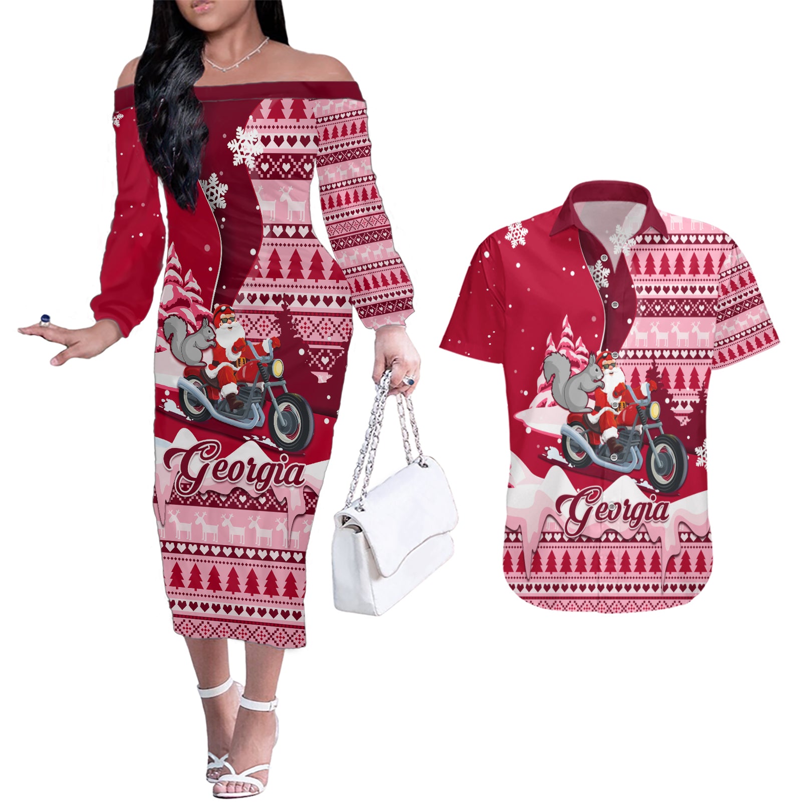Georgia Christmas Couples Matching Off The Shoulder Long Sleeve Dress and Hawaiian Shirt Santa Claus Riding Motorcycle With Gray Squirrel - Wonder Print Shop