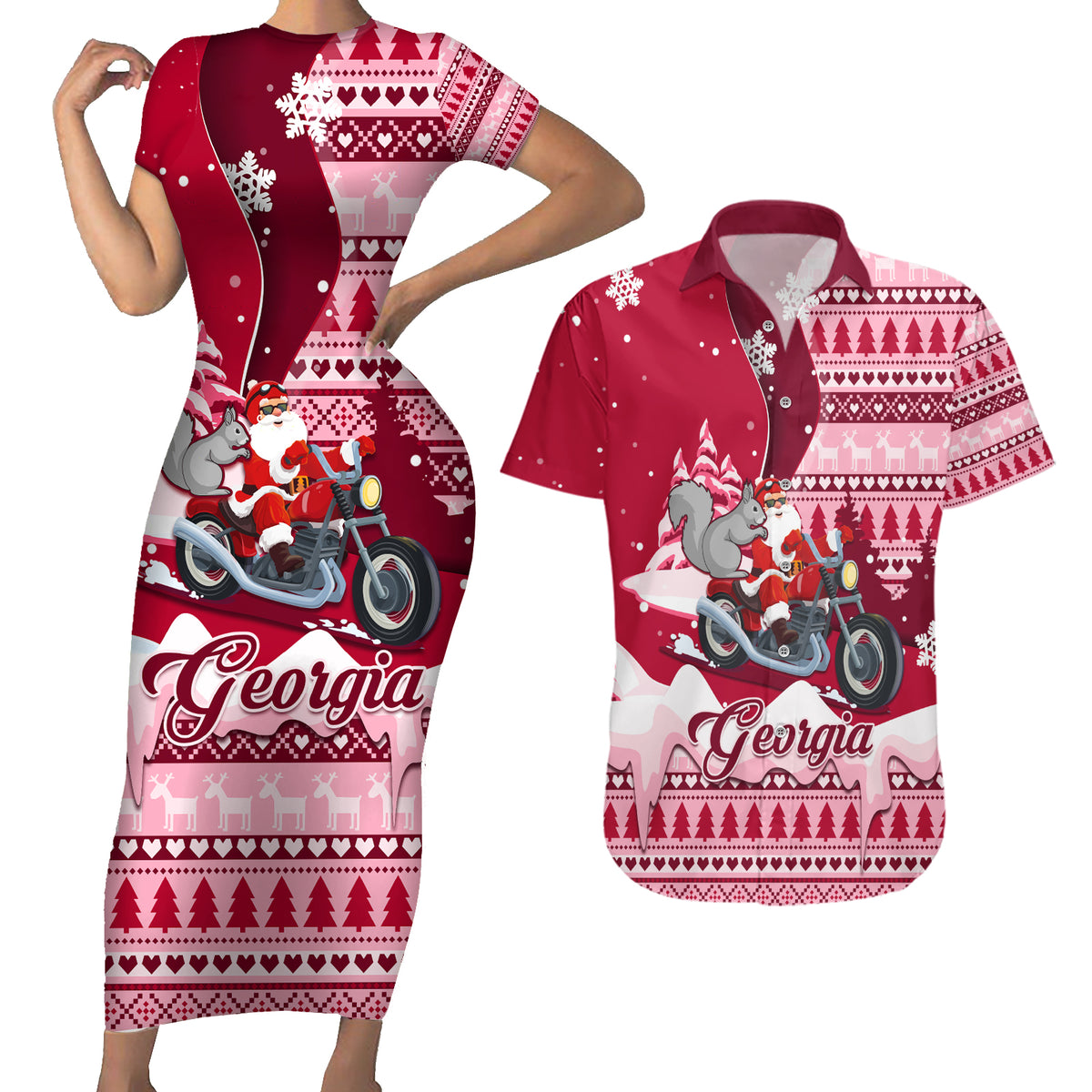 Georgia Christmas Couples Matching Short Sleeve Bodycon Dress and Hawaiian Shirt Santa Claus Riding Motorcycle With Gray Squirrel - Wonder Print Shop