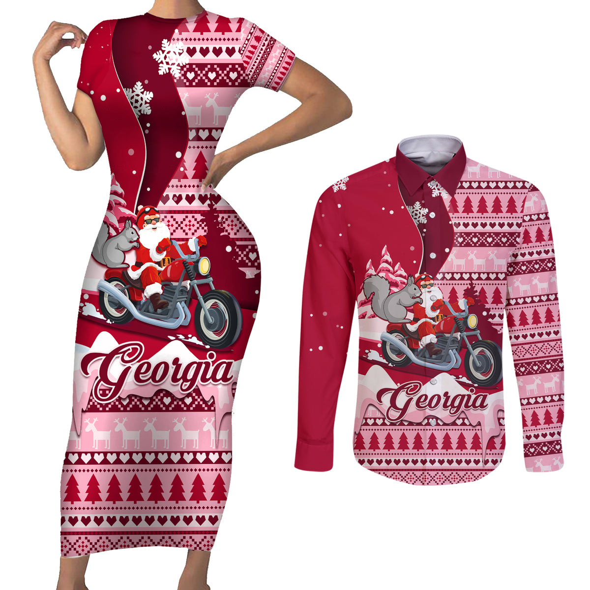 Georgia Christmas Couples Matching Short Sleeve Bodycon Dress and Long Sleeve Button Shirt Santa Claus Riding Motorcycle With Gray Squirrel - Wonder Print Shop