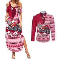 Georgia Christmas Couples Matching Summer Maxi Dress and Long Sleeve Button Shirt Santa Claus Riding Motorcycle With Gray Squirrel - Wonder Print Shop