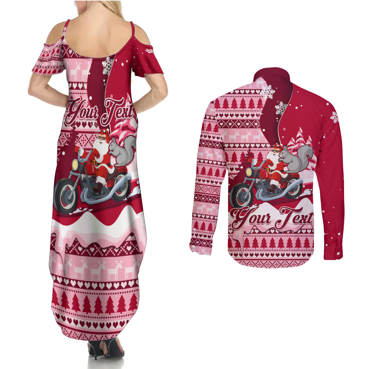 Georgia Christmas Couples Matching Summer Maxi Dress and Long Sleeve Button Shirt Santa Claus Riding Motorcycle With Gray Squirrel - Wonder Print Shop