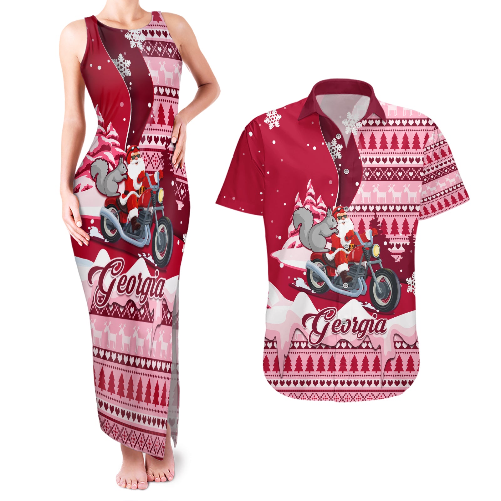 Georgia Christmas Couples Matching Tank Maxi Dress and Hawaiian Shirt Santa Claus Riding Motorcycle With Gray Squirrel - Wonder Print Shop