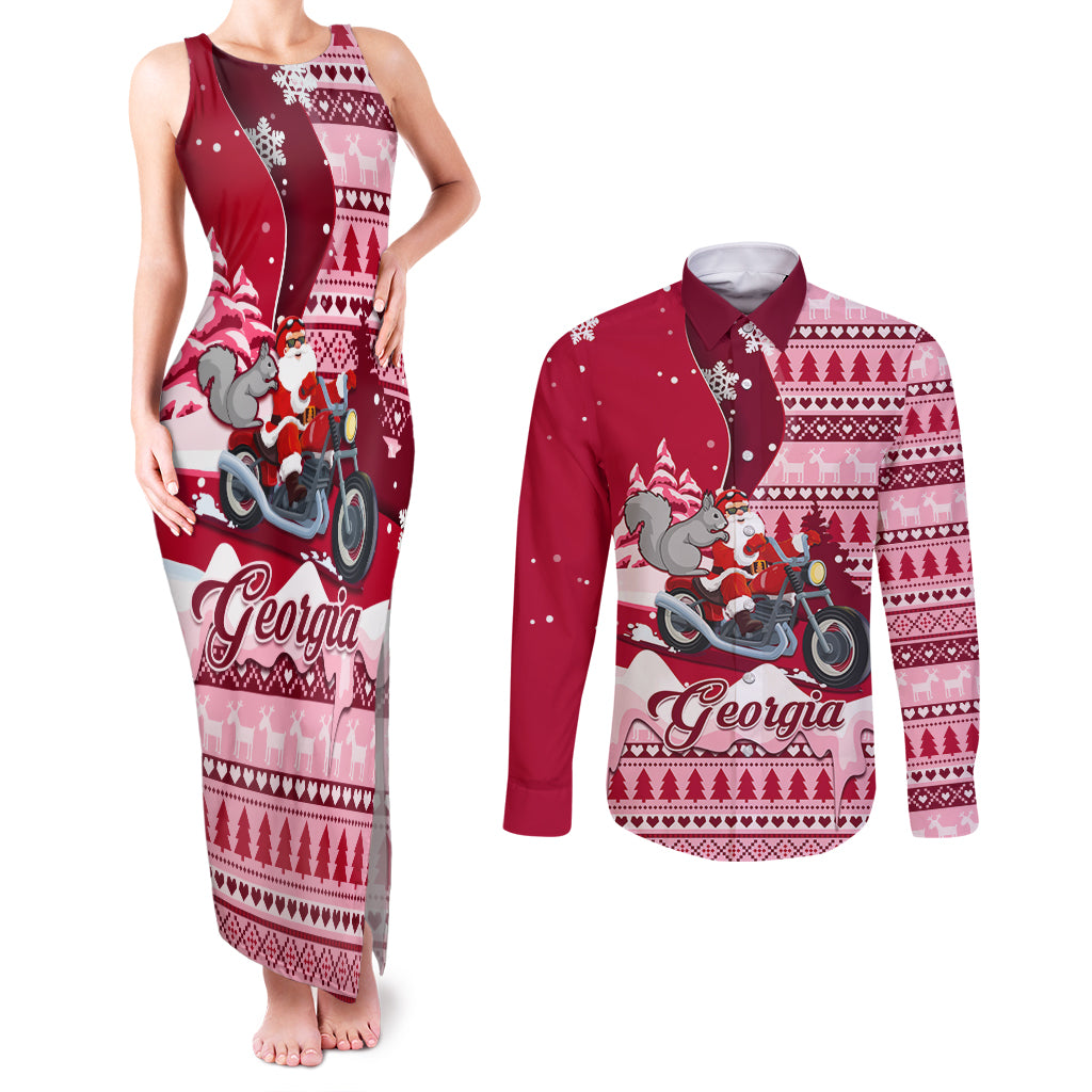 Georgia Christmas Couples Matching Tank Maxi Dress and Long Sleeve Button Shirt Santa Claus Riding Motorcycle With Gray Squirrel - Wonder Print Shop