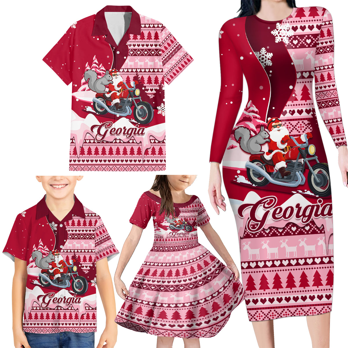 Georgia Christmas Family Matching Long Sleeve Bodycon Dress and Hawaiian Shirt Santa Claus Riding Motorcycle With Gray Squirrel - Wonder Print Shop
