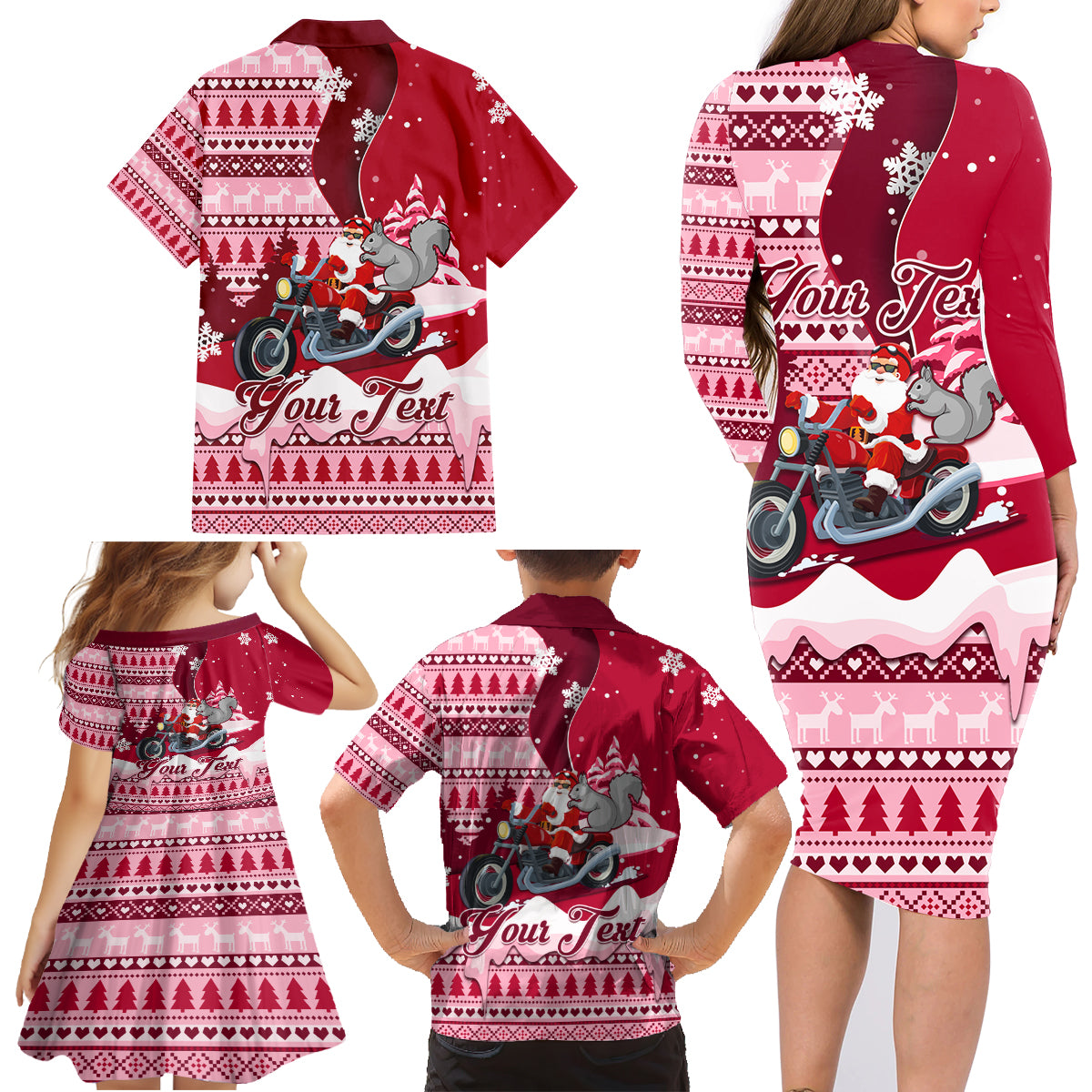 Georgia Christmas Family Matching Long Sleeve Bodycon Dress and Hawaiian Shirt Santa Claus Riding Motorcycle With Gray Squirrel - Wonder Print Shop