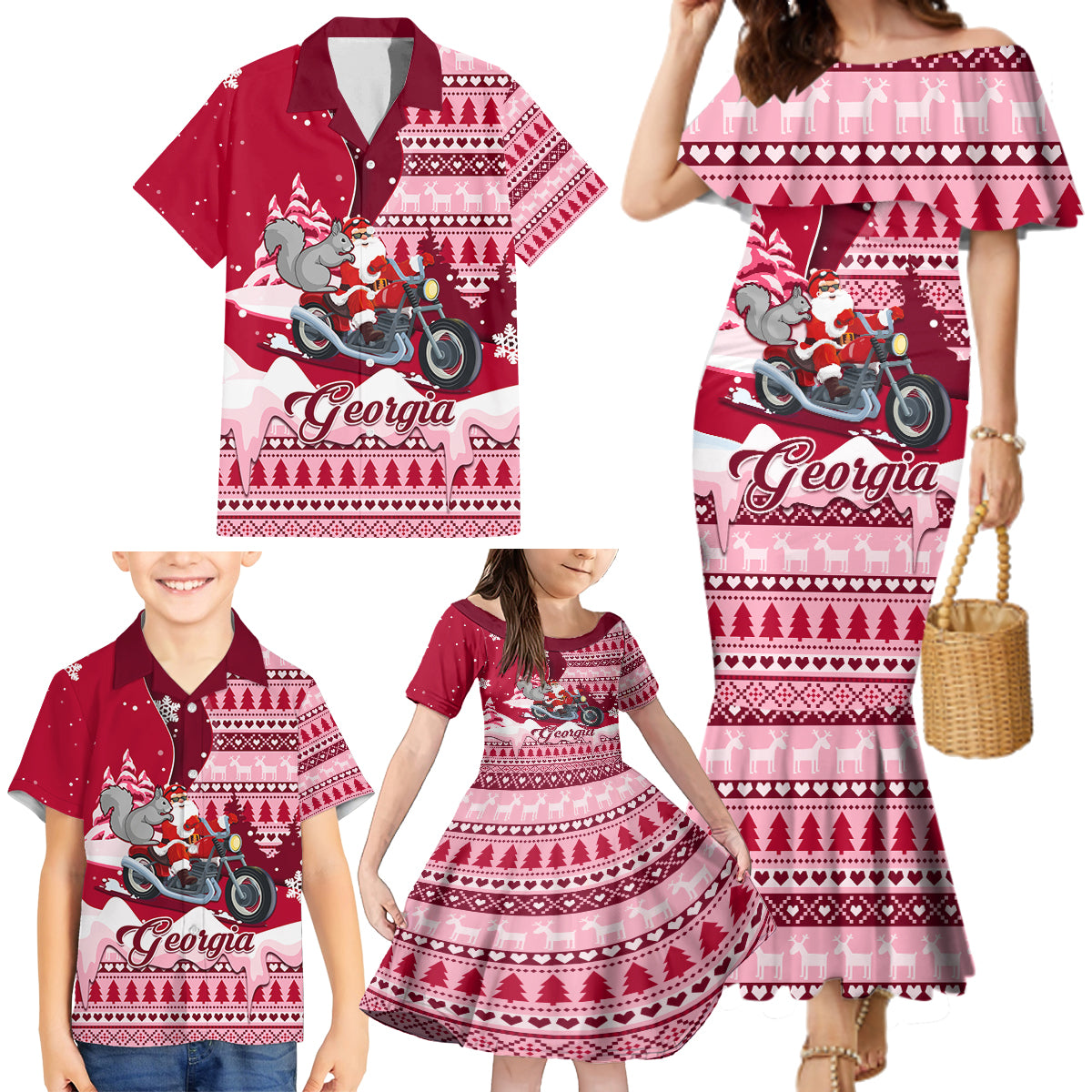Georgia Christmas Family Matching Mermaid Dress and Hawaiian Shirt Santa Claus Riding Motorcycle With Gray Squirrel - Wonder Print Shop