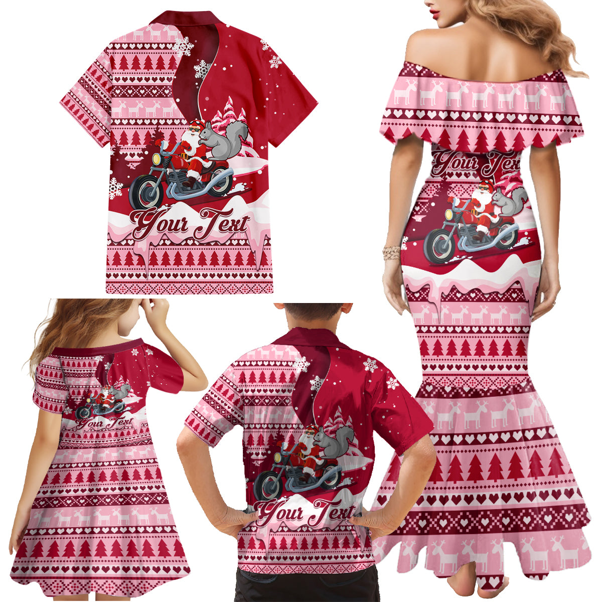 Georgia Christmas Family Matching Mermaid Dress and Hawaiian Shirt Santa Claus Riding Motorcycle With Gray Squirrel - Wonder Print Shop