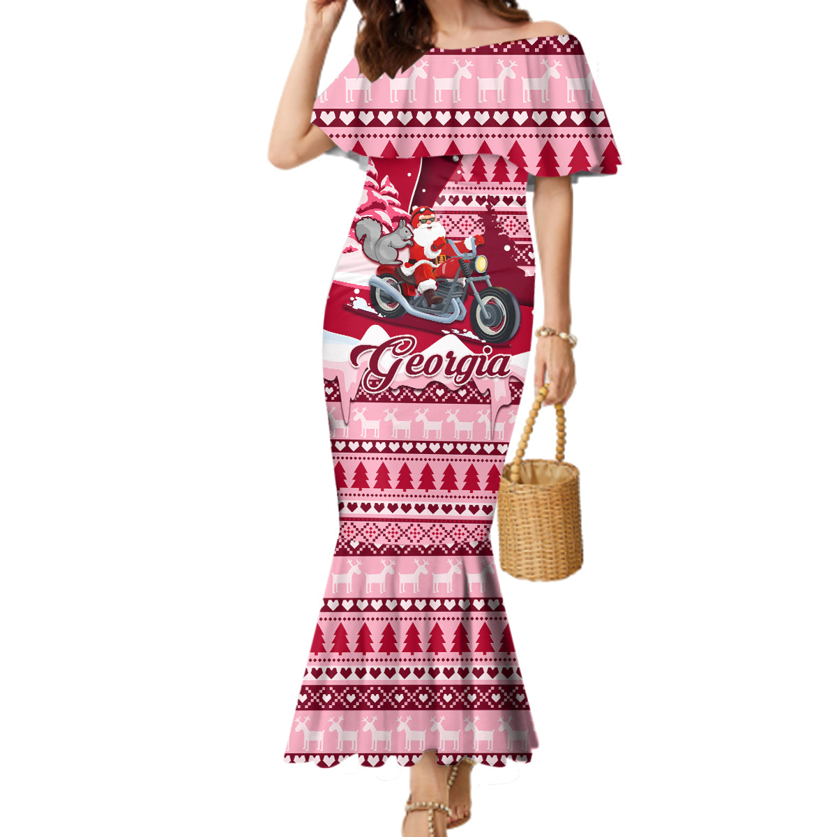 Georgia Christmas Family Matching Mermaid Dress and Hawaiian Shirt Santa Claus Riding Motorcycle With Gray Squirrel - Wonder Print Shop