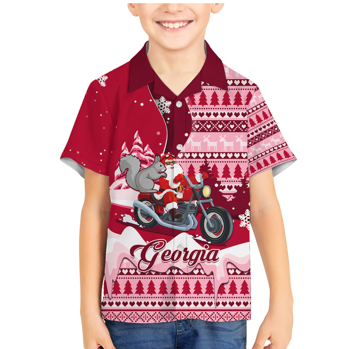 Georgia Christmas Family Matching Mermaid Dress and Hawaiian Shirt Santa Claus Riding Motorcycle With Gray Squirrel - Wonder Print Shop