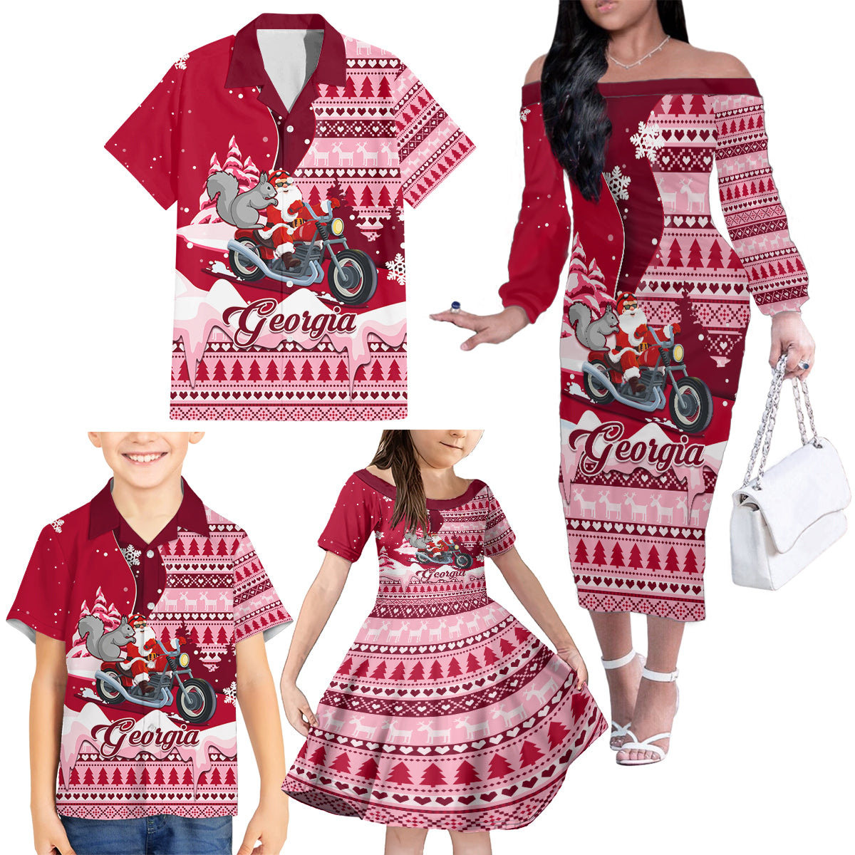 Georgia Christmas Family Matching Off Shoulder Long Sleeve Dress and Hawaiian Shirt Santa Claus Riding Motorcycle With Gray Squirrel - Wonder Print Shop
